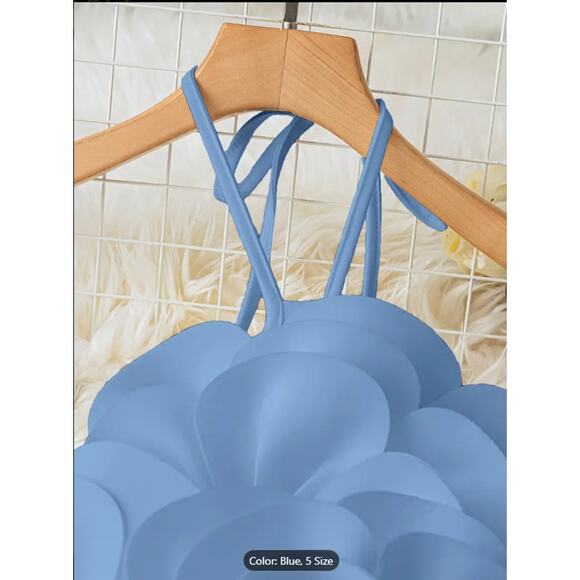 Blue Oversized 3D Flower Halter Crop Top – Statement Backless Festival & Party - Picture 5 of 5